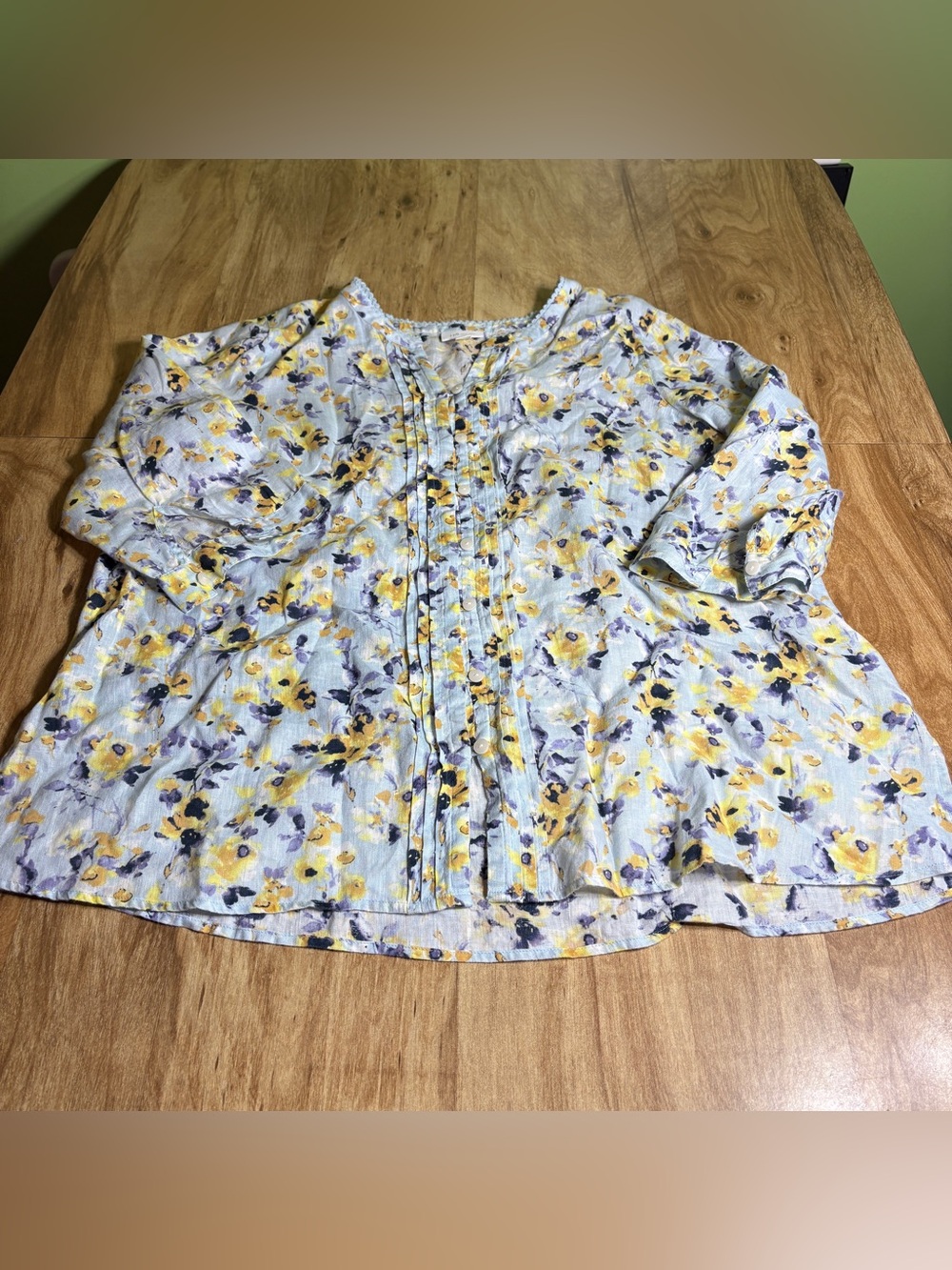 J. Jill Love Linen Light Blue Floral Button Up 3/4 Sleeve Shirt Size L Petite
